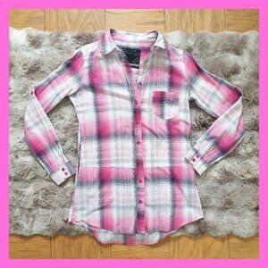 Long Button Down Shirt White Pink Plaid Long Sleeve Pockets Cotton S European